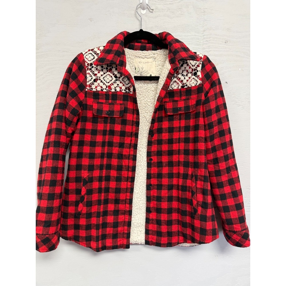En Creme Red Buffalo Plaid Sherpa Lined Jacket Lace Yoke Womens Small
